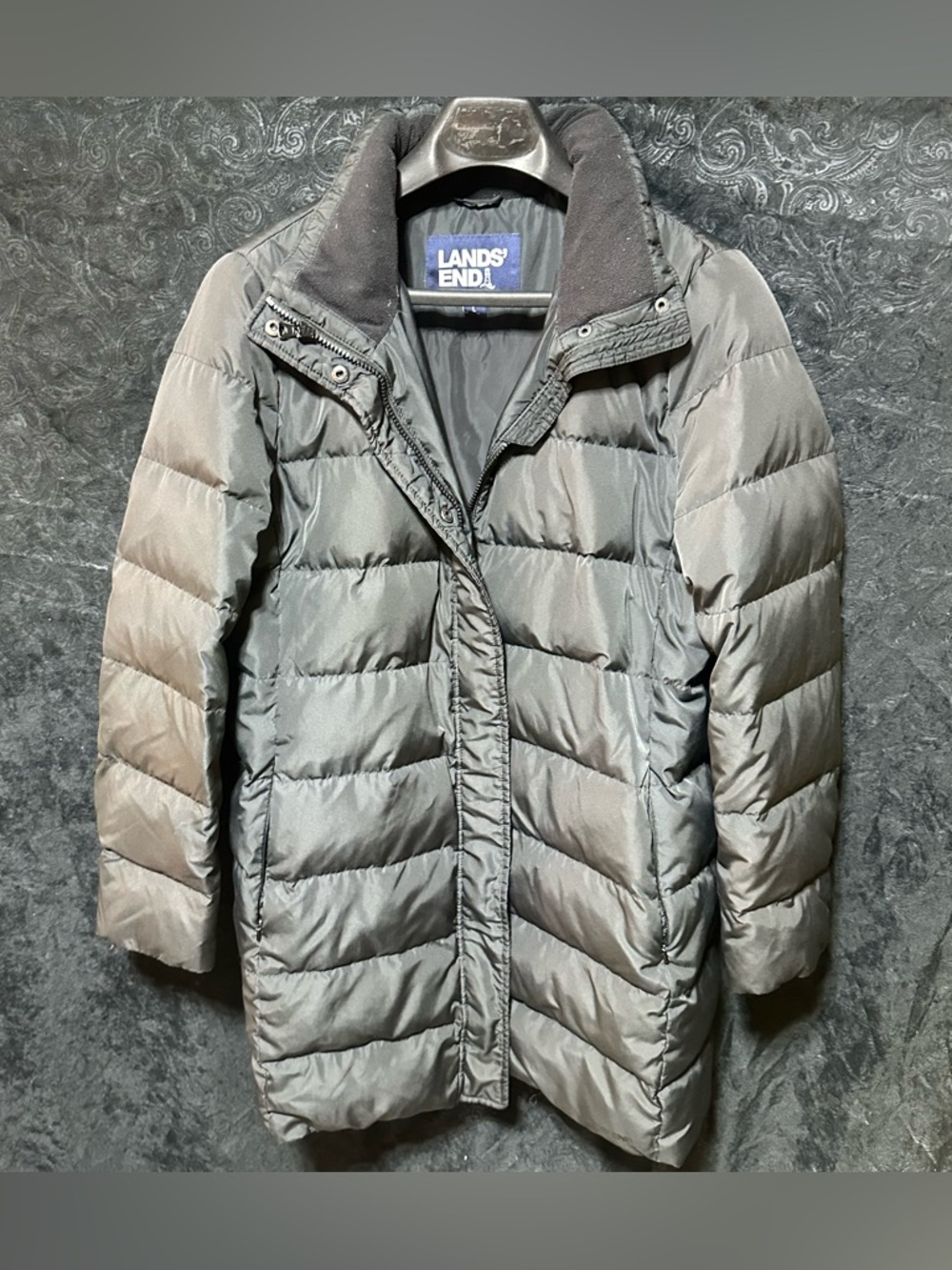 EUC! Women's L 14-16 Lands' End Black Puffer Coat Jacket 3/4 length warm